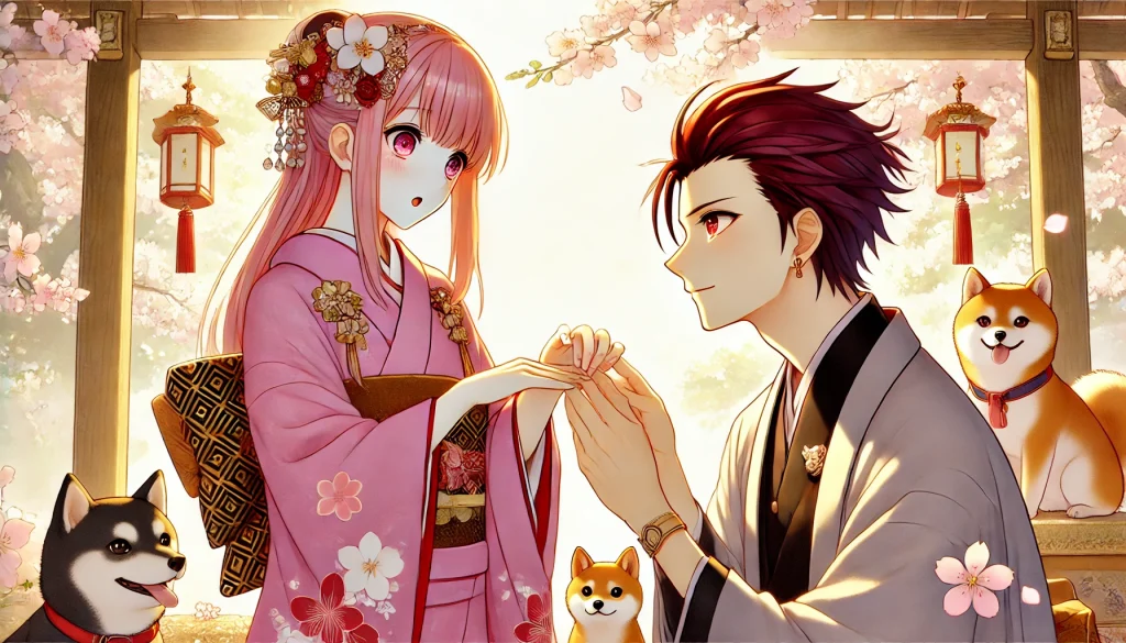 DALL·E-2024-12-07-02.51.44-A-Japanese-anime-style-illustration-of-Ninigi-no-Mikoto-proposing-to-Konohanasakuya-hime.-Ninigi-no-Mikoto-depicted-as-a-mature-adult-with-a-clean-sh-1024x585 日本神話12:ニニギノミコトとコノハナサクヤヒメ：愛と試練の神話WITH柴犬