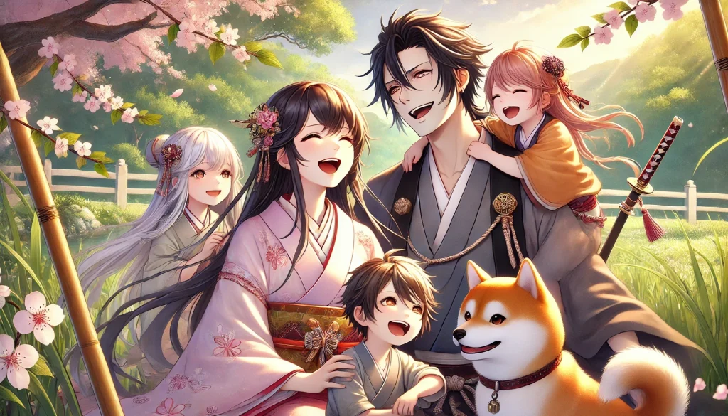 DALL·E-2024-12-07-03.05.50-A-Japanese-anime-style-illustration-depicting-Ninigi-no-Mikoto-and-Konohanasakuya-hime-laughing-joyfully-with-their-three-children.-Ninigi-no-Mikoto-i-1024x585 日本神話12:ニニギノミコトとコノハナサクヤヒメ：愛と試練の神話WITH柴犬