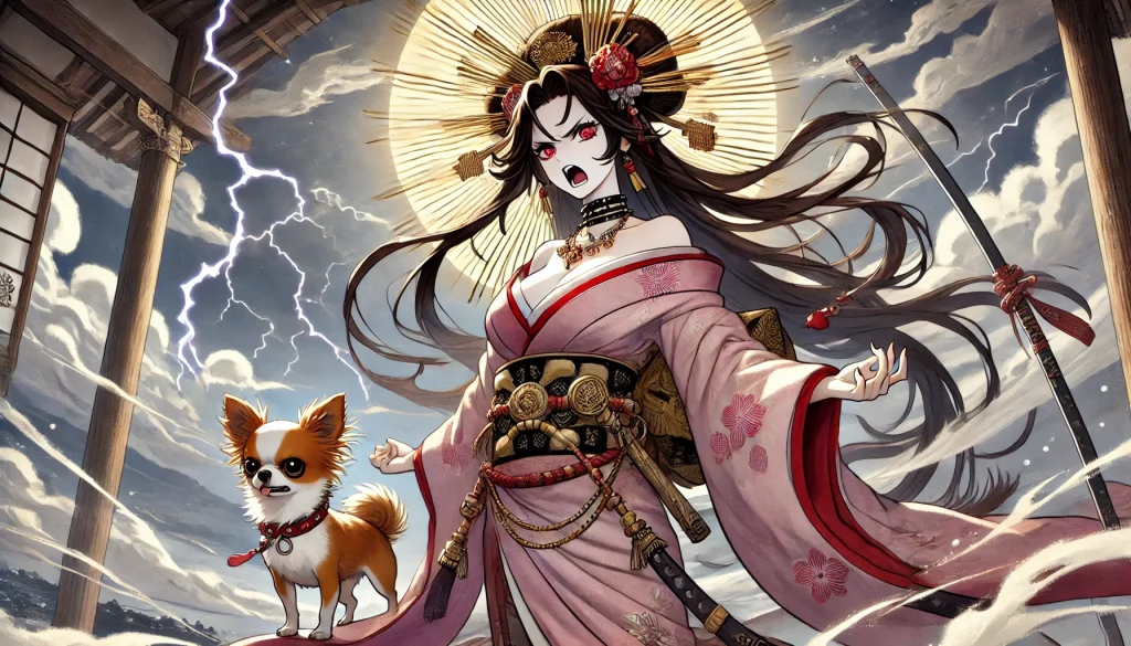 DALL·E-2024-12-07-03.19.15-A-Japanese-anime-style-illustration-depicting-Iwanaga-hime-in-a-state-of-fury.-She-is-portrayed-with-a-fierce-and-angry-expression-exuding-divine-int-1024x585 日本神話12:ニニギノミコトとコノハナサクヤヒメ：愛と試練の神話WITH柴犬