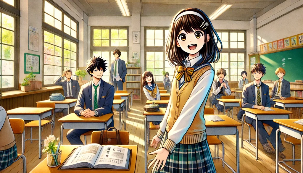 DALL·E-2024-12-08-12.33.22-A-Japanese-anime-style-illustration-of-a-high-school-classroom-in-modern-Japan.-In-the-foreground-a-bright-and-cheerful-girl-named-Aoi-Totono-兎野あおい-1024x585 現代版カチカチ山：友情と挑戦が描く青春ストーリー