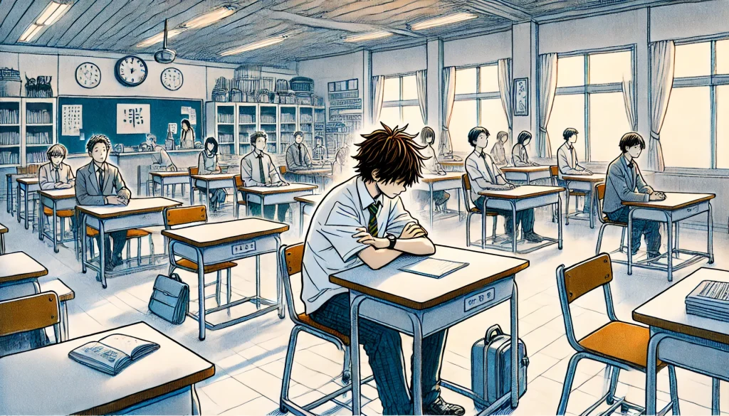 DALL·E-2024-12-08-12.34.21-A-Japanese-anime-style-illustration-of-a-high-school-classroom-in-modern-Japan.-In-the-foreground-a-quiet-and-introverted-boy-named-Takumi-Rihara-狸原-1024x585 現代版カチカチ山：友情と挑戦が描く青春ストーリー