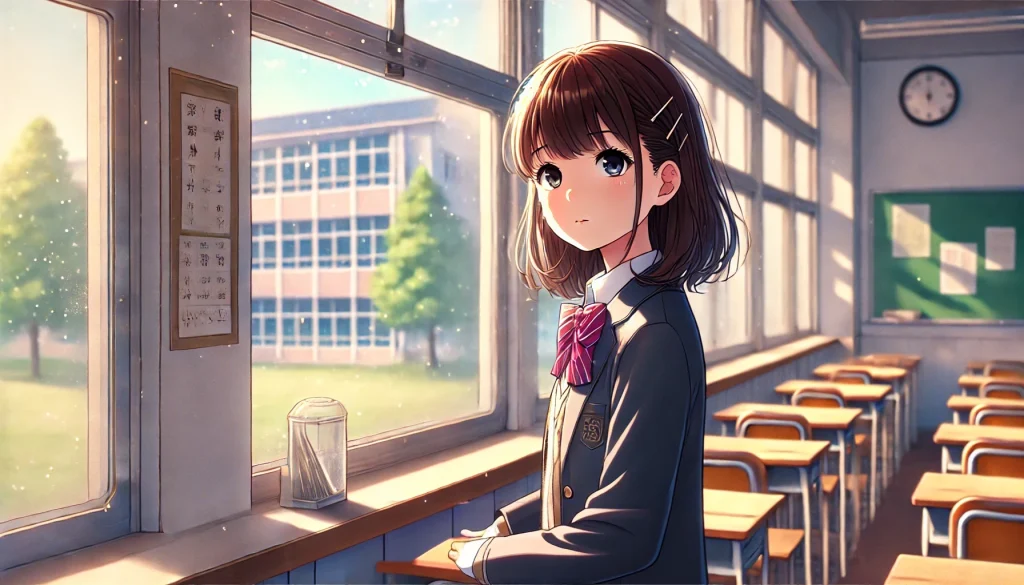 DALL·E-2024-12-08-13.17.52-A-Japanese-anime-style-illustration-capturing-an-introspective-moment-in-a-school-setting.-Aoi-Totono-兎野あおい-a-lively-and-determined-girl-with-her-f-1024x585 現代版カチカチ山：友情と挑戦が描く青春ストーリー