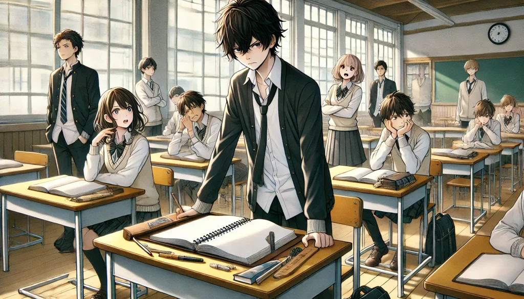 DALL·E-2024-12-08-13.33.57-A-Japanese-anime-style-illustration-set-in-a-high-school-classroom-in-modern-Japan.-In-the-foreground-Takumi-Rihara-狸原たくみ-a-quiet-and-introverted--1024x585 現代版カチカチ山：友情と挑戦が描く青春ストーリー