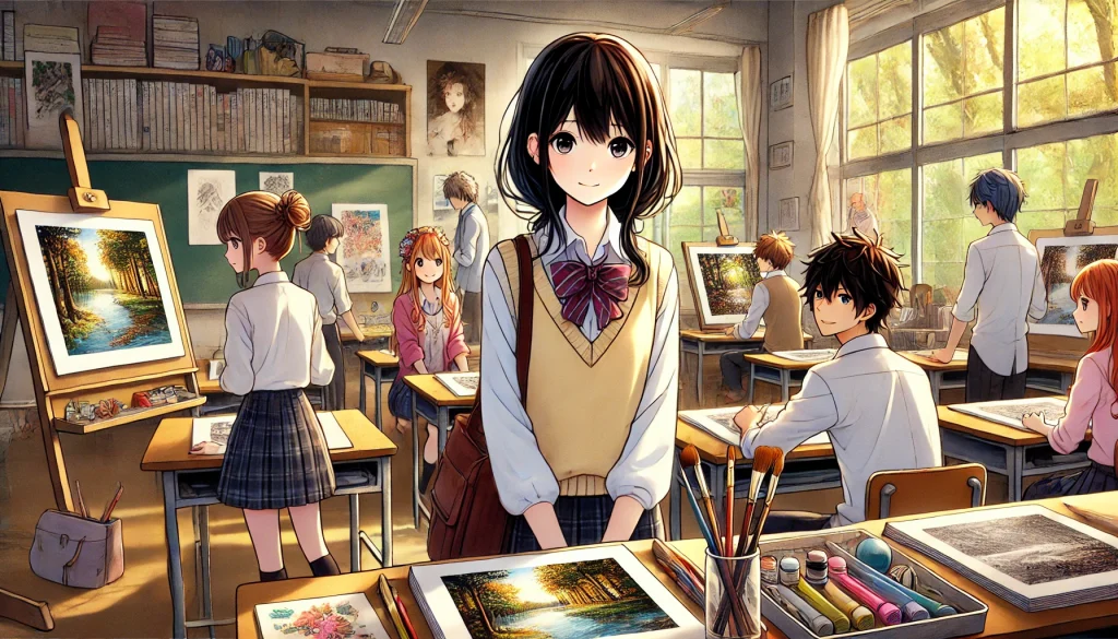 DALL·E-2024-12-08-19.27.23-A-Japanese-anime-style-illustration-set-in-a-school-art-classroom.-In-the-foreground-Takumi-Rihara-狸原たくみ-a-quiet-and-introverted-teenage-boy-with--1024x585 現代版カチカチ山：友情と挑戦が描く青春ストーリー