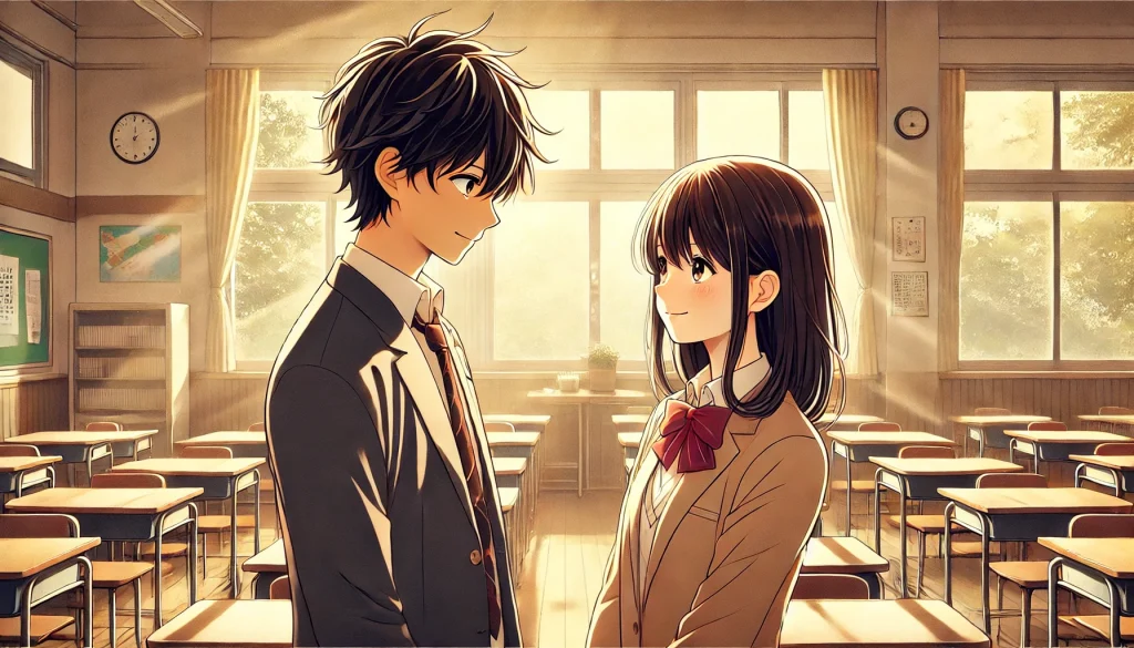 DALL·E-2024-12-08-19.36.03-A-Japanese-anime-style-illustration-set-in-a-serene-high-school-classroom-with-a-warm-and-uplifting-atmosphere.-Takumi-Rihara-狸原たくみ-a-quiet-and-int-1024x585 現代版カチカチ山：友情と挑戦が描く青春ストーリー