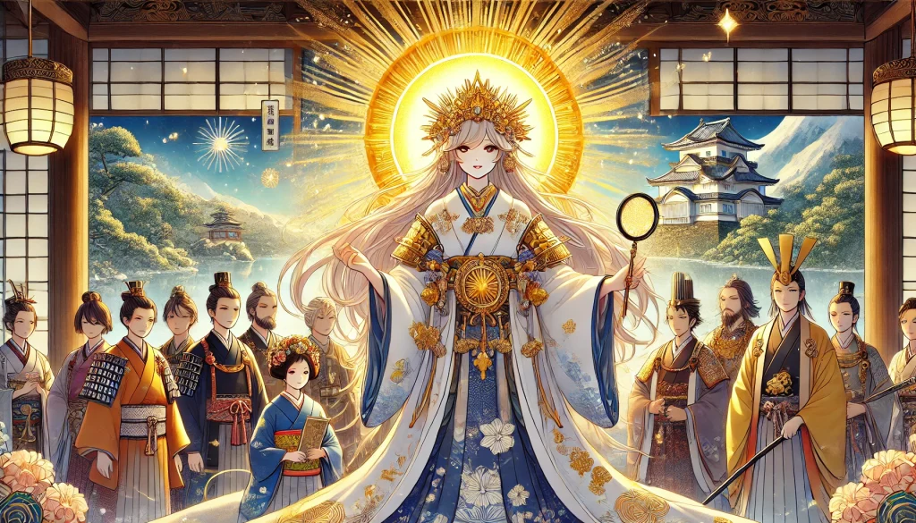 DALL·E-2024-12-09-03.57.57-A-Japanese-anime-style-illustration-depicting-Amaterasu-Omikami-天照大神-the-Sun-Goddess-from-Japanese-mythology-alongside-the-representation-of-the-J-1024x585 日本神話13：初代天皇・神武天皇の東征WITH柴犬：大和を目指した壮大な旅と建国の物語