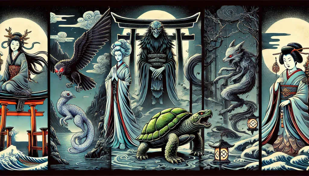 DALL·E-2024-12-10-03.58.18-A-horizontal-illustration-featuring-iconic-Japanese-yokai-in-a-refined-dark-fantasy-style.-From-left-to-right_-a-Tengu-with-menacing-glowing-eyes-a-s-1024x585 妖怪とは？日本独自の文化としてだけでなく、海外の文化との共通点を探る