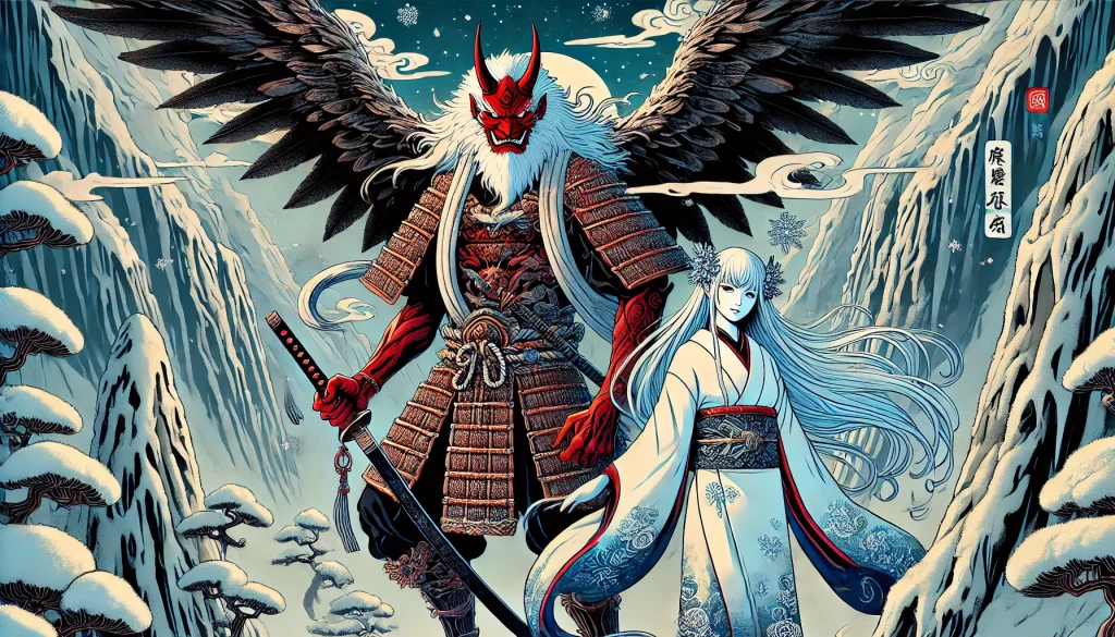 DALL·E-2024-12-10-04.00.41-A-horizontal-illustration-featuring-a-powerful-Tengu-and-a-Snow-Woman-Yuki-Onna-in-a-mature-Japanese-anime-style.-The-Tengu-is-depicted-as-a-strong-1024x585 妖怪とは？日本独自の文化としてだけでなく、海外の文化との共通点を探る