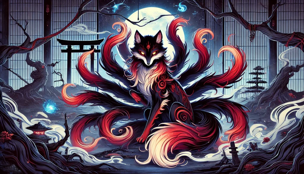 DALL·E-2024-12-10-04.03.31-A-horizontal-dark-fantasy-style-illustration-of-a-Nine-Tailed-Fox-in-a-mature-Japanese-anime-aesthetic.-The-fox-is-majestic-yet-ominous-with-fiery-re-1024x585 妖怪とは？日本独自の文化としてだけでなく、海外の文化との共通点を探る