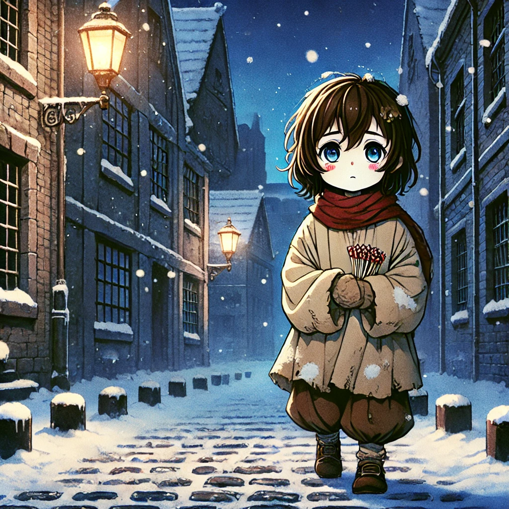 DALL·E-2024-12-15-21.28.58-A-Japanese-anime-style-illustration-of-a-small-girl-walking-alone-on-a-cobblestone-street-in-a-19th-century-European-town-during-a-snowy-winter-night マッチ売りの少女：毒親による虐待なのか？19世紀ヨーロッパの社会情勢が生んだ悲劇とは。