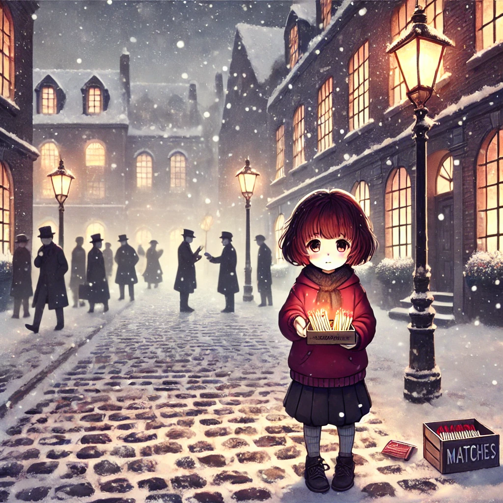 DALL·E-2024-12-15-21.29.58-A-Japanese-anime-style-illustration-of-a-small-girl-standing-on-a-snowy-cobblestone-street-in-a-19th-century-European-town.-She-holds-out-matches-in-h マッチ売りの少女：毒親による虐待なのか？19世紀ヨーロッパの社会情勢が生んだ悲劇とは。