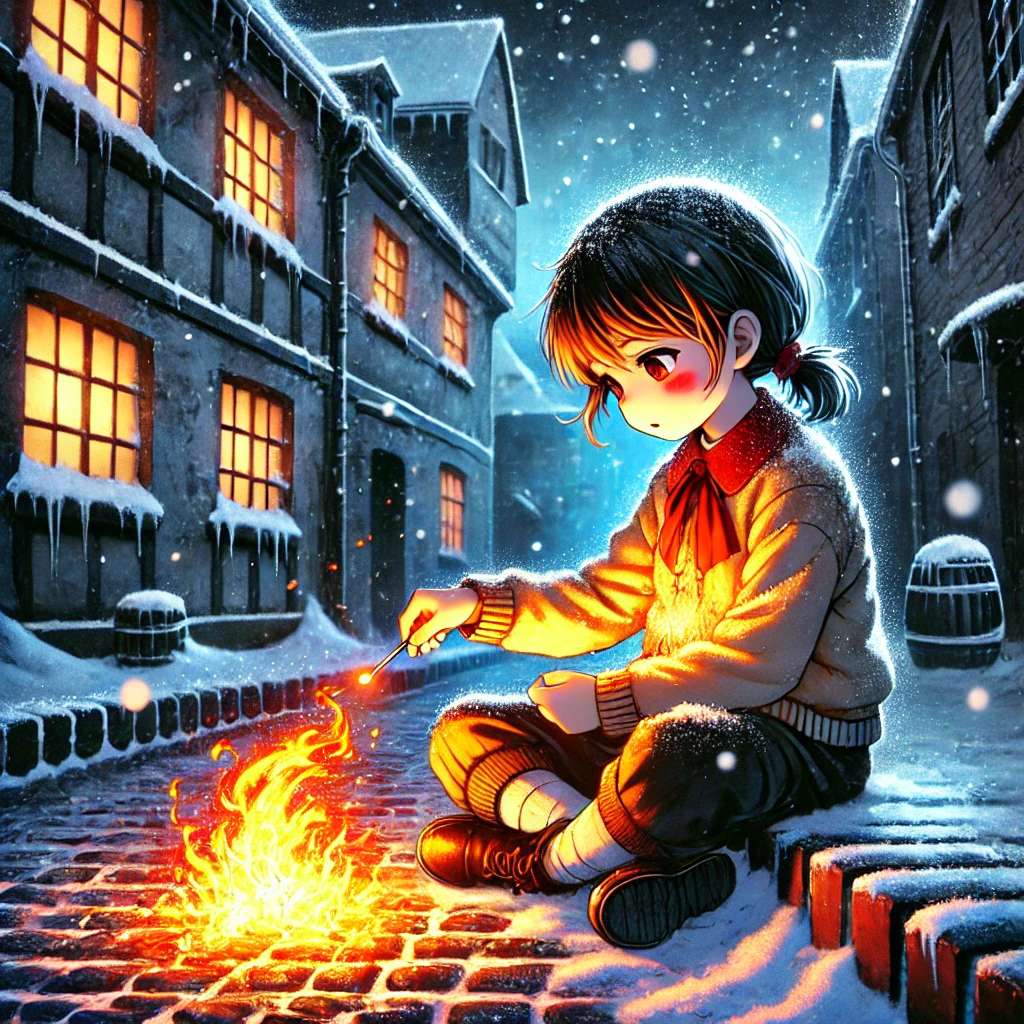 DALL·E-2024-12-15-21.30.52-A-Japanese-anime-style-illustration-of-a-small-girl-sitting-on-a-snowy-cobblestone-street-in-a-19th-century-European-town.-She-is-striking-a-match-an マッチ売りの少女：毒親による虐待なのか？19世紀ヨーロッパの社会情勢が生んだ悲劇とは。