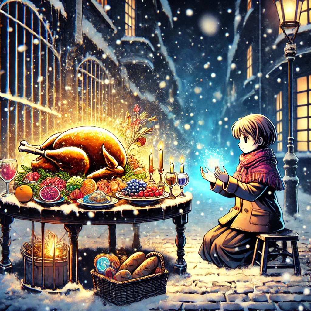 DALL·E-2024-12-15-21.43.13-A-Japanese-anime-style-illustration-of-a-small-girl-sitting-on-a-snowy-cobblestone-street-in-a-19th-century-European-town.-She-is-striking-her-second- マッチ売りの少女：毒親による虐待なのか？19世紀ヨーロッパの社会情勢が生んだ悲劇とは。