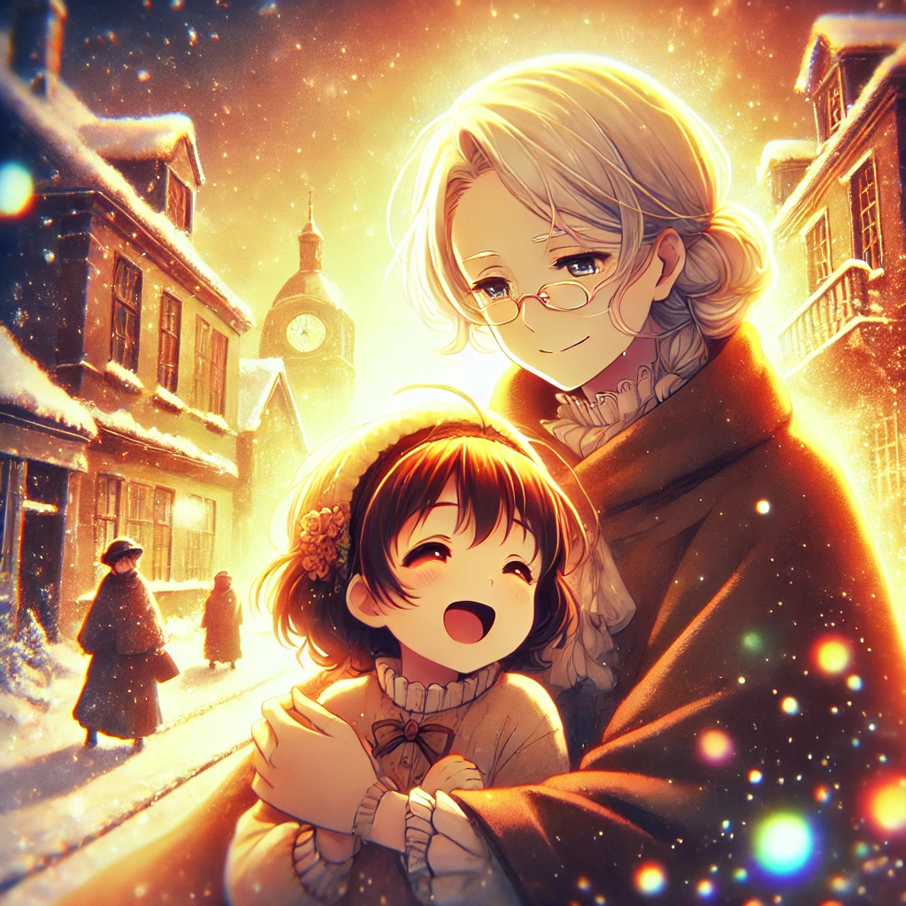 DALL·E-2024-12-15-21.45.16-A-Japanese-anime-style-illustration-of-a-small-girl-being-embraced-by-her-grandmother-in-a-warm-glowing-light.-The-girl-looks-relieved-and-happy-whi マッチ売りの少女：毒親による虐待なのか？19世紀ヨーロッパの社会情勢が生んだ悲劇とは。