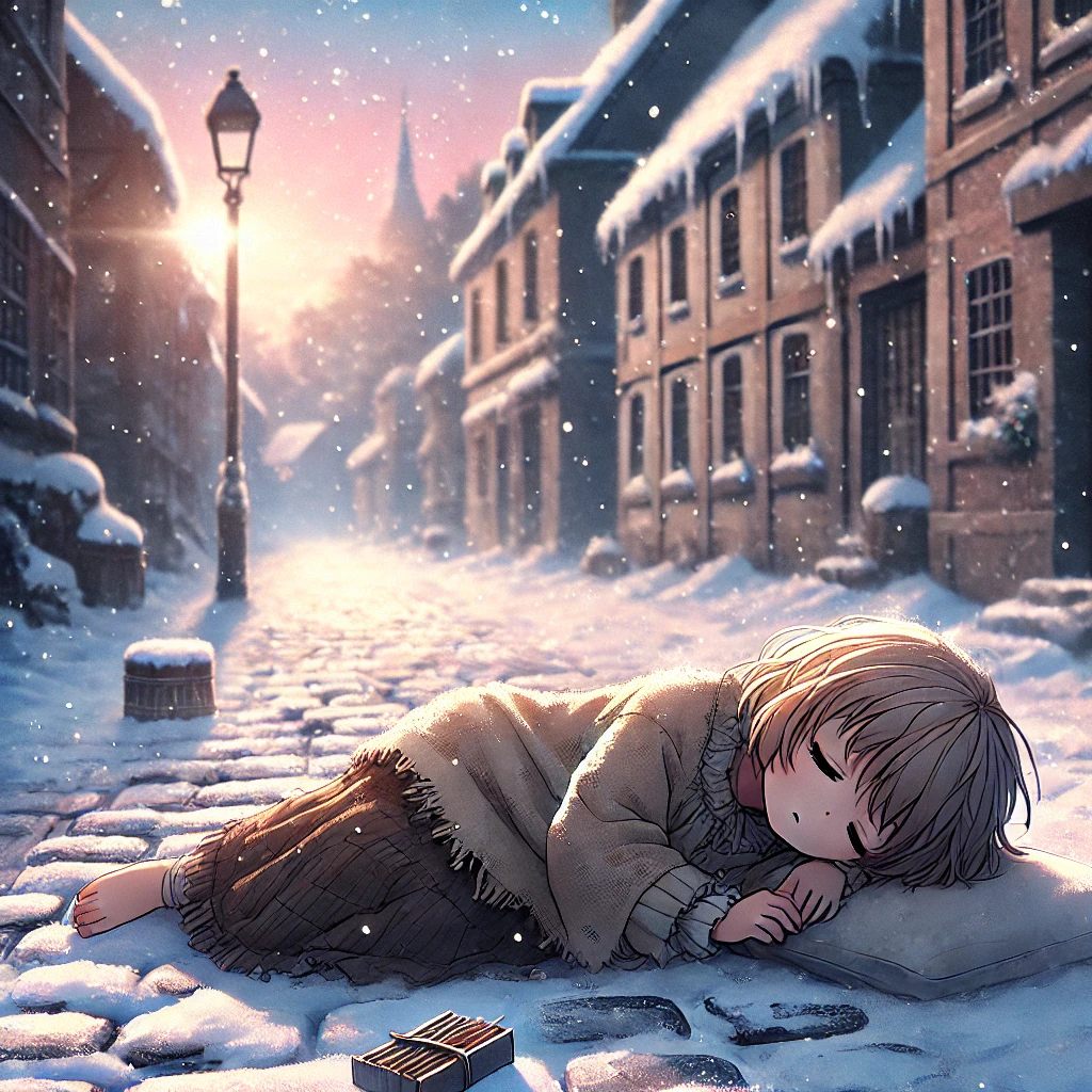 DALL·E-2024-12-15-21.45.58-A-Japanese-anime-style-illustration-of-a-small-girl-lying-fully-on-her-side-in-the-snow-on-a-cobblestone-street-in-a-19th-century-European-town.-Her-h マッチ売りの少女：毒親による虐待なのか？19世紀ヨーロッパの社会情勢が生んだ悲劇とは。