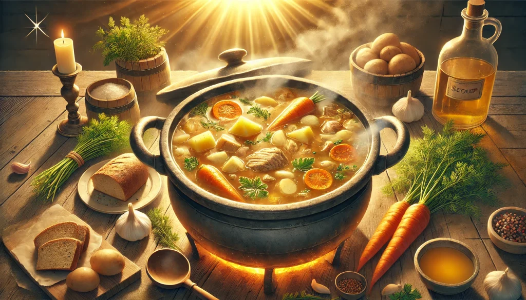 DALL·E-2024-12-17-22.32.54-Create-a-detailed-and-realistic-anime-style-illustration-of-a-freshly-made-steaming-soup-inspired-by-the-story-Stone-Soup-in-a-horizontal-format.-Th-1024x585 石のスープ：助け合いの力を伝えるヨーロッパの寓話を徹底掘り下げ。レシピもあるよ。