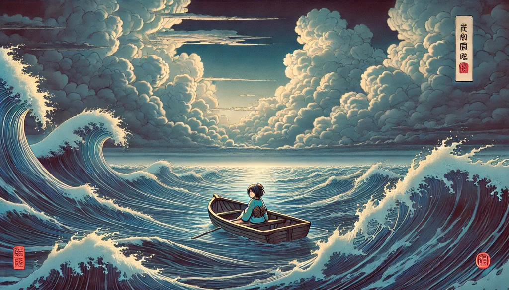 DALL·E-2024-12-21-20.34.17-A-horizontal-illustration-depicting-Hiruko-being-set-adrift-in-a-small-wooden-boat-in-Japanese-mythology.-The-scene-shows-turbulent-ocean-waves-under--1024x585 蛭子（ヒルコ）とは？日本神話に見る不完全さと再生の象徴