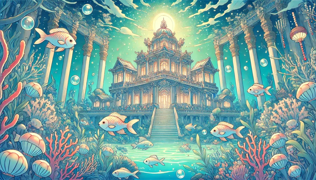 DALL·E-2024-12-22-03.15.47-Create-a-horizontal-illustration-depicting-the-underwater-palace-of-Watatsumi-from-Japanese-mythology.-The-palace-is-a-grand-structure-made-of-coral-a-1024x585 海神（わたつみ）と山幸彦の神秘的な物語 – 日本神話の愛と教訓