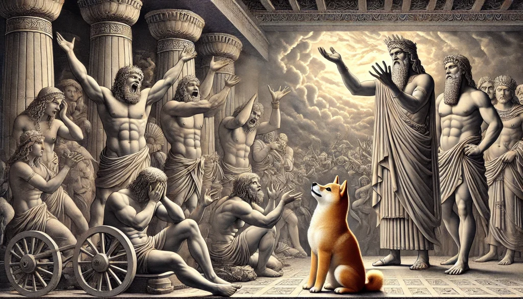 DALL·E-2024-12-26-01.48.19-A-detailed-horizontal-artistic-illustration-depicting-the-weaker-gods-in-the-Mesopotamian-creation-myth-expressing-their-frustration-over-burdensome--1024x585 古代メソポタミア神話③古代メソポタミアの人間創造神話：神々の使命を支える存在