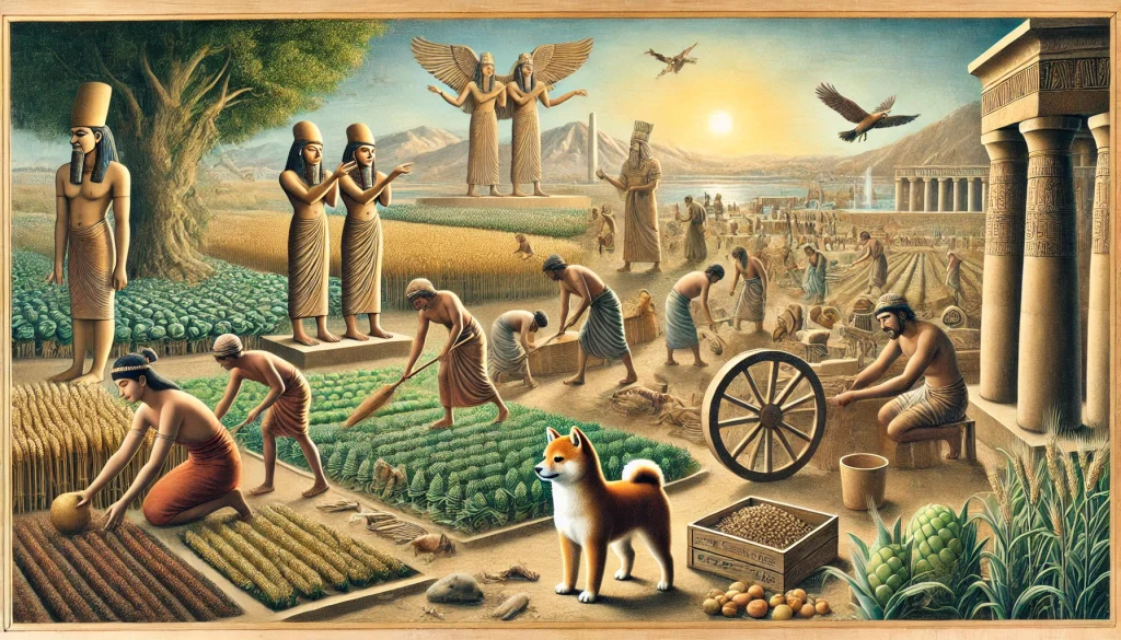 DALL·E-2024-12-26-01.50.01-A-detailed-horizontal-artistic-illustration-depicting-humans-beginning-their-tasks-under-the-gods-command-in-the-Mesopotamian-creation-myth.-Humans-a-1024x585 古代メソポタミア神話③古代メソポタミアの人間創造神話：神々の使命を支える存在