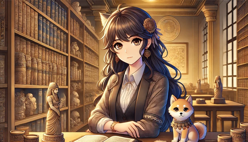 DALL·E-2024-12-27-20.01.42-A-Japanese-anime-style-horizontal-illustration-aimed-at-adults-featuring-a-beautiful-female-researcher-studying-Mesopotamian-mythology.-She-is-shown--1024x585 古代メソポタミア神話④古代メソポタミア創世神話の意義と現代への影響