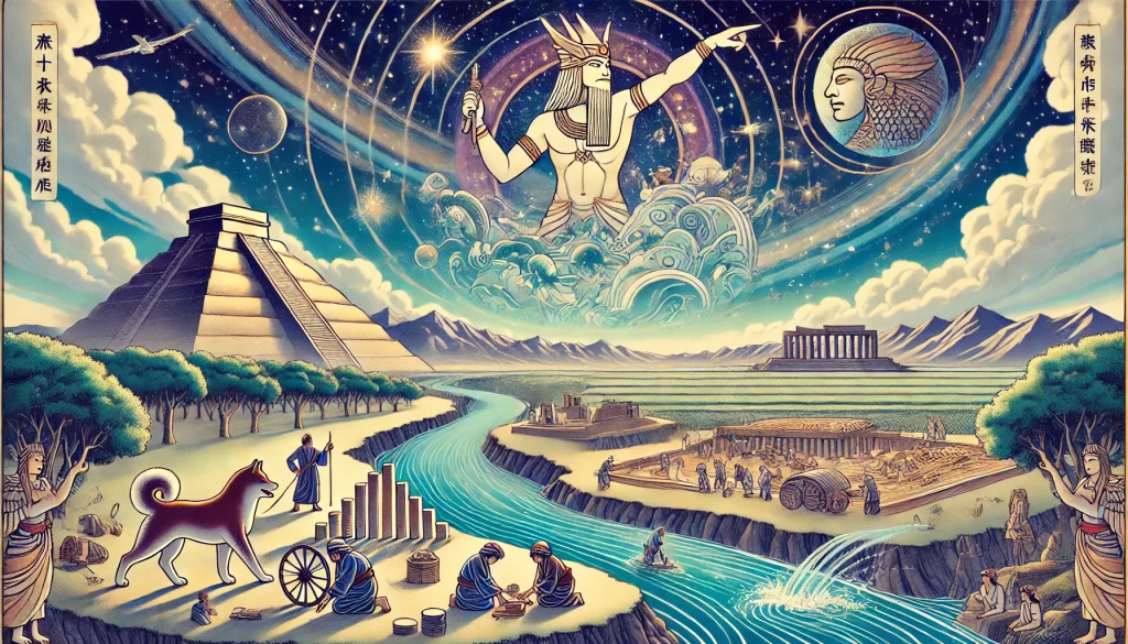 DALL·E-2024-12-27-20.03.13-A-Japanese-anime-style-horizontal-illustration-depicting-the-essence-of-Mesopotamian-creation-myths.-The-scene-symbolizes-the-connection-between-gods-1024x585 古代メソポタミア神話④古代メソポタミア創世神話の意義と現代への影響