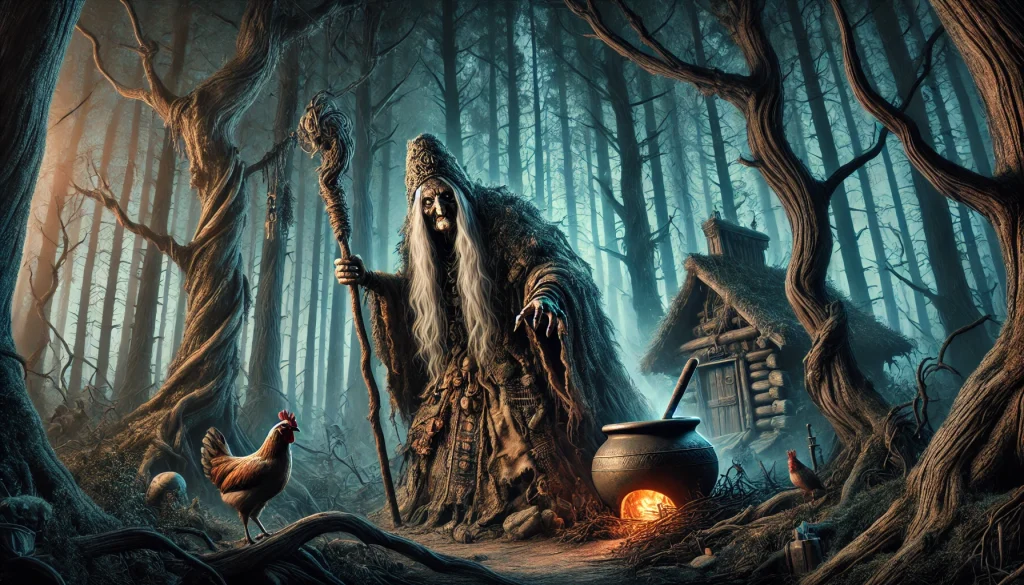 DALL·E-2024-12-28-02.01.09-A-wide-artistic-depiction-of-Baba-Yaga-from-Slavic-mythology-portrayed-as-a-mysterious-and-fearsome-figure.-She-stands-in-a-dark-enchanted-forest-su-1024x585 バーバ・ヤーガとは？スラヴ神話に登場する謎多き魔女の象徴と物語