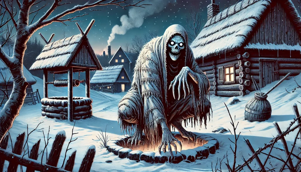 DALL·E-2024-12-28-12.40.09-A-depiction-of-an-Upir-from-Slavic-folklore-set-in-a-snowy-Eastern-European-village-at-dusk.-The-Upir-is-a-sinister-undead-figure-with-pale-almost-t-1024x585 ヴァンパイア伝承を徹底解説｜世界の吸血鬼伝説とその起源