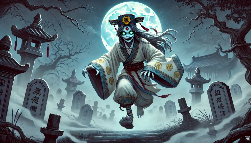 DALL·E-2024-12-28-12.52.01-A-depiction-of-a-Jiangshi-Chinese-hopping-vampire-from-Chinese-folklore-set-in-a-misty-graveyard-under-a-full-moon.-The-Jiangshi-appears-as-a-pale-1024x585 ヴァンパイア伝承を徹底解説｜世界の吸血鬼伝説とその起源