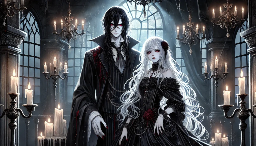 DALL·E-2024-12-28-13.00.14-A-darker-and-more-sinister-depiction-of-a-male-and-female-vampire-standing-together-in-a-shadowy-gothic-chamber-illuminated-only-by-flickering-candle-1024x585 ヴァンパイア伝承を徹底解説｜世界の吸血鬼伝説とその起源