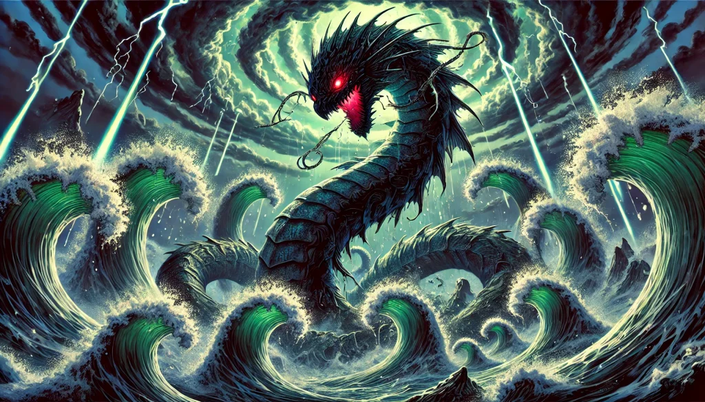 DALL·E-2024-12-30-01.39.44-A-dark-fantasy-Japanese-anime-style-illustration-featuring-Leviathan-the-immense-serpentine-sea-monster-controlling-the-ocean-with-its-immense-power-1024x585 「レヴィアタン（リバイアサン）」とは？聖書の海の怪物と七つの大罪「嫉妬」の象徴を徹底解説