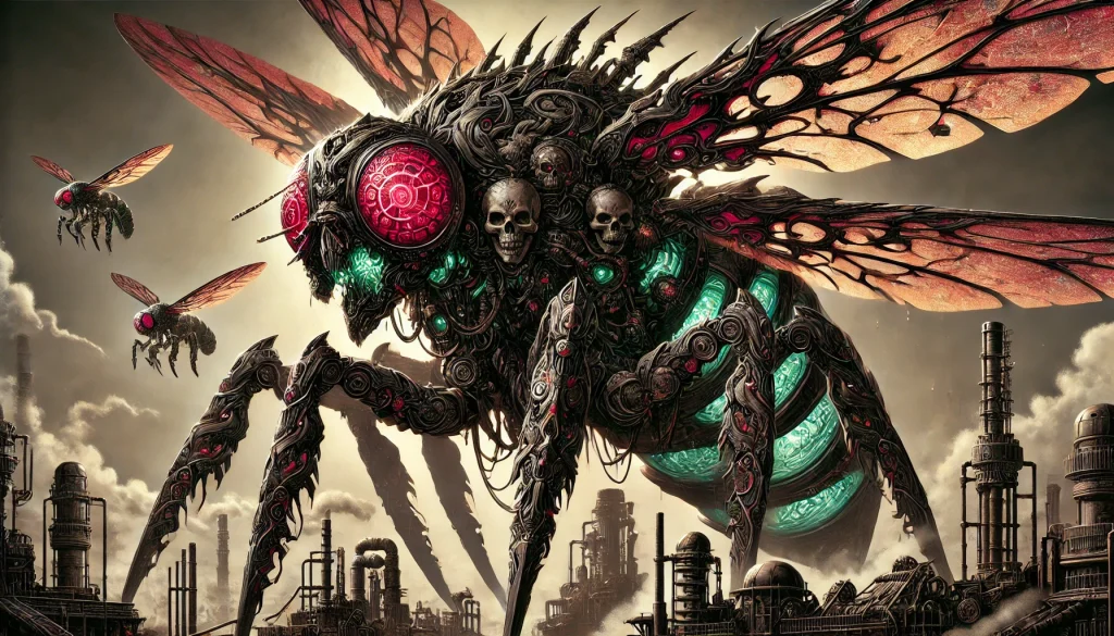 DALL·E-2024-12-30-02.03.36-A-dark-fantasy-Japanese-anime-style-illustration-featuring-a-massive-menacing-fly-shaped-robot-embodying-Beelzebub-the-demon-of-gluttony-viewed-fro-1024x585 「ベルゼブブ」とは？七つの大罪「暴食」と聖書での役割を解説