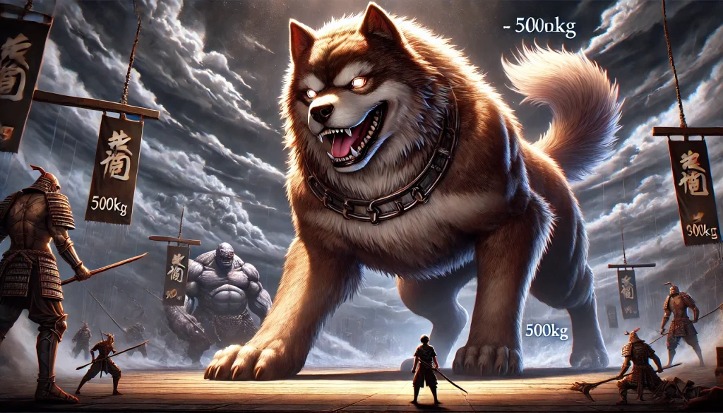 DALL·E-2025-01-02-22.52.43-A-realistic-and-detailed-Japanese-anime-inspired-illustration-of-a-single-massive-dog-designed-to-defeat-a-3-meter-tall-200kg-ogre.-The-dog-is-depict-1024x585 リアルを追求-3m・370kgの鬼100体を倒すには犬、猿、キジはどうすればいい？鬼の倒し方！