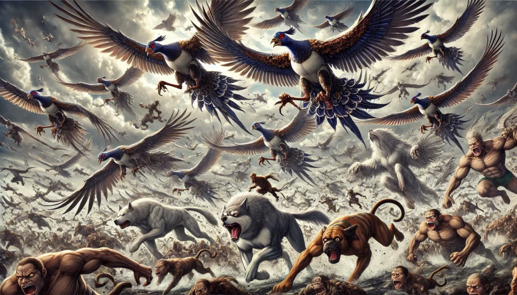 DALL·E-2025-01-03-00.11.03-A-realistic-and-detailed-Japanese-anime-inspired-illustration-depicting-a-massive-battle-where-1000-mechanical-pheasants-fill-the-sky-and-100-large-d-1024x585 リアルを追求-3m・370kgの鬼100体を倒すには犬、猿、キジはどうすればいい？鬼の倒し方！