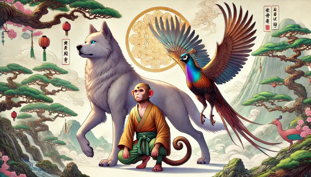 DALL·E-2025-01-03-00.37.29-A-detailed-and-realistic-Japanese-anime-inspired-illustration-depicting-three-animals-as-divine-messengers-without-mechanical-elements.-The-dog-is-a-l-1024x585 リアルを追求-3m・370kgの鬼100体を倒すには犬、猿、キジはどうすればいい？鬼の倒し方！