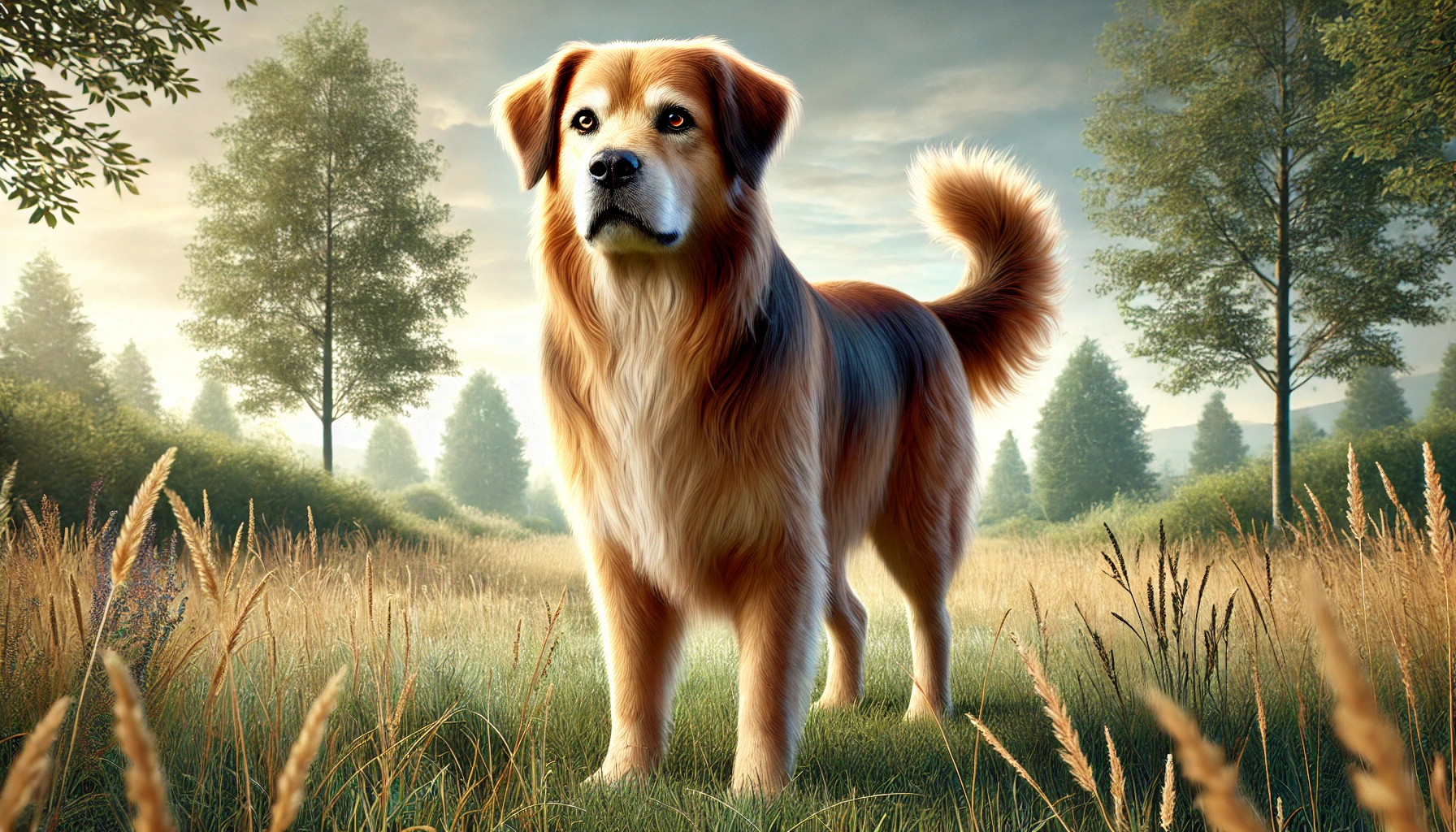 DALL·E-2025-01-03-00.49.49-A-realistic-and-detailed-horizontal-illustration-of-a-normal-dog-standing-in-a-natural-serene-environment.-The-dog-has-a-strong-and-noble-appearance リアルを追求-3m・370kgの鬼100体を倒すには犬、猿、キジはどうすればいい？鬼の倒し方！