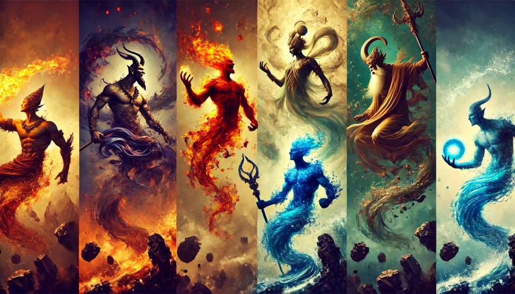DALL·E-2025-02-22-02.08.20-A-powerful-and-dramatic-scene-featuring-several-different-types-of-Jinn-Genies-from-Islamic-mythology-each-representing-different-elements.-The-Jin-1024x585 イフリートとは?イスラム教の火の精霊の起源、能力、伝説に迫る