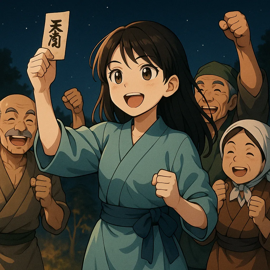 ChatGPT-Image-2025年4月20日-04_47_22 【福島の昔話】三枚のお札と少女の知恵──山姥との知恵くらべと村の団結