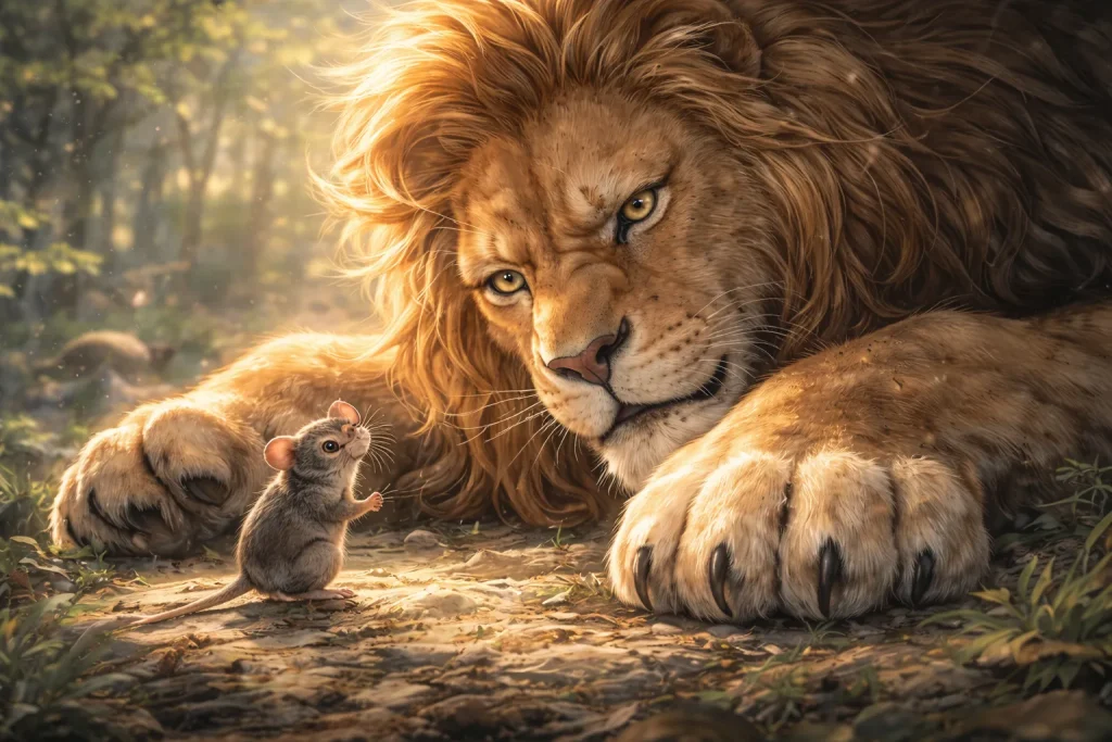 ChatGPT-Image-2025年12月25日-17_59_16-1024x683 ライオンとネズミ｜小さな力が大きな助けになるイソップ寓話の教訓