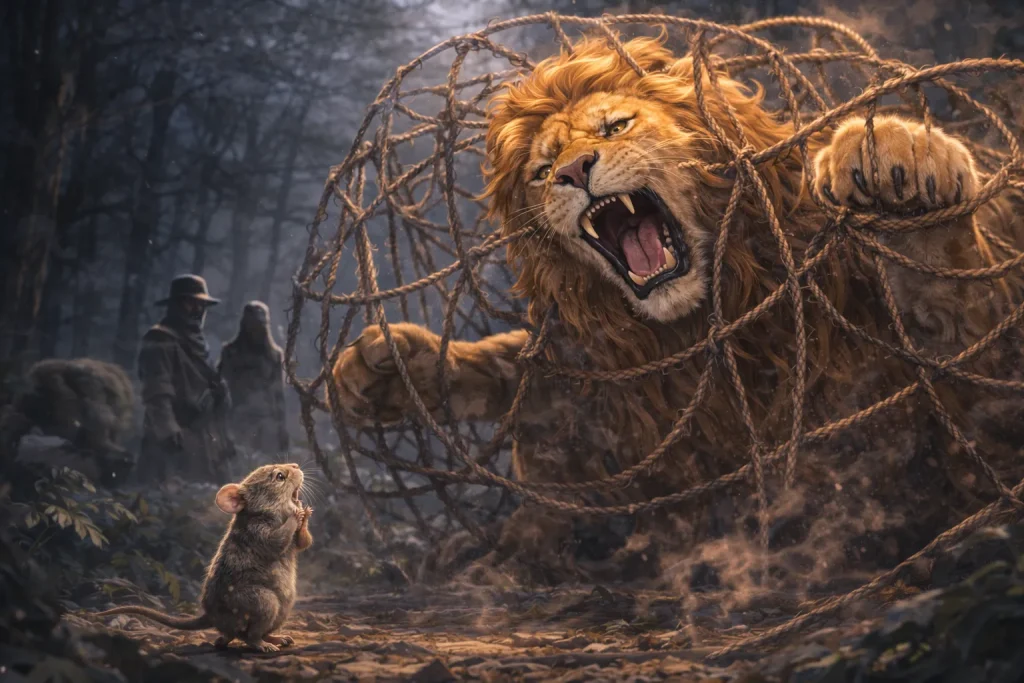 ChatGPT-Image-2025年12月25日-18_02_48-1024x683 ライオンとネズミ｜小さな力が大きな助けになるイソップ寓話の教訓