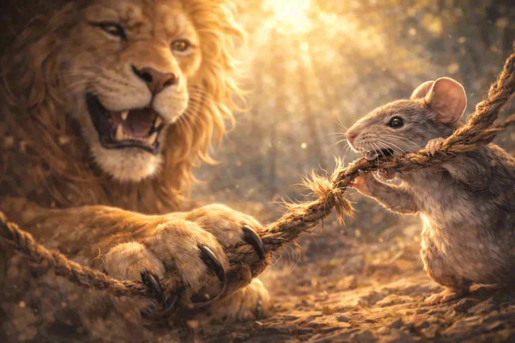 ChatGPT-Image-2025年12月25日-18_04_19-1024x683 ライオンとネズミ｜小さな力が大きな助けになるイソップ寓話の教訓