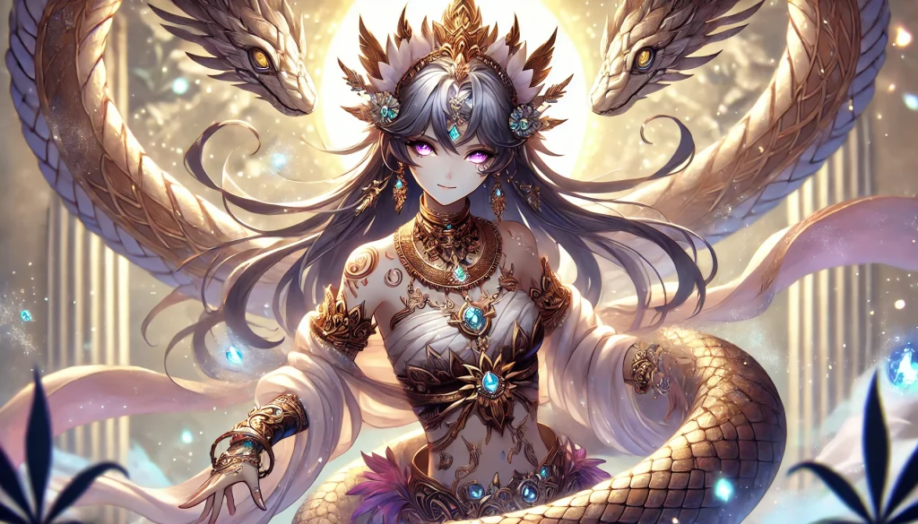 DALL·E-2025-02-08-18.38.49-A-high-quality-anime-style-illustration-of-a-mythical-half-woman-half-serpent-figure-inspired-by-Greek-mythology.-The-focus-is-on-her-upper-body-only-1024x585-1 ケルベロスとオルトロスの違い｜ギリシャ神話の兄弟犬の正体と役割を解説