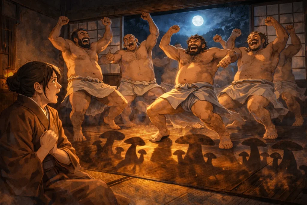 ChatGPT-Image-2026年1月11日-09_34_51-1024x683 茸の化け｜娘に化けて毎晩家に踊りにくる怪異…正体は山のキノコだった（秋田の昔話）