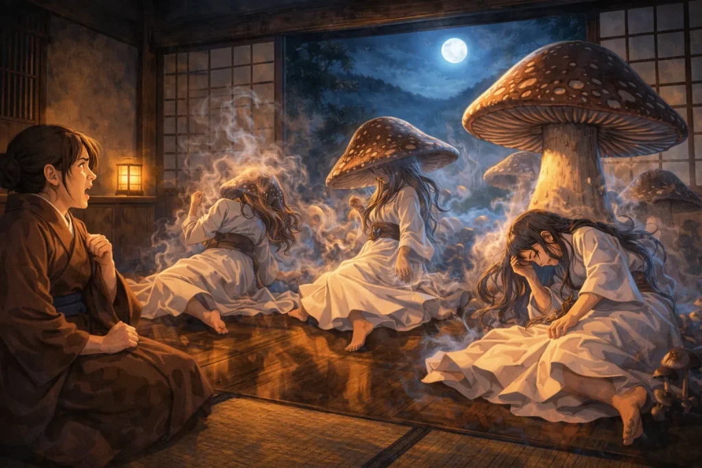 ChatGPT-Image-2026年1月11日-09_41_27-1024x683 茸の化け｜娘に化けて毎晩家に踊りにくる怪異…正体は山のキノコだった（秋田の昔話）