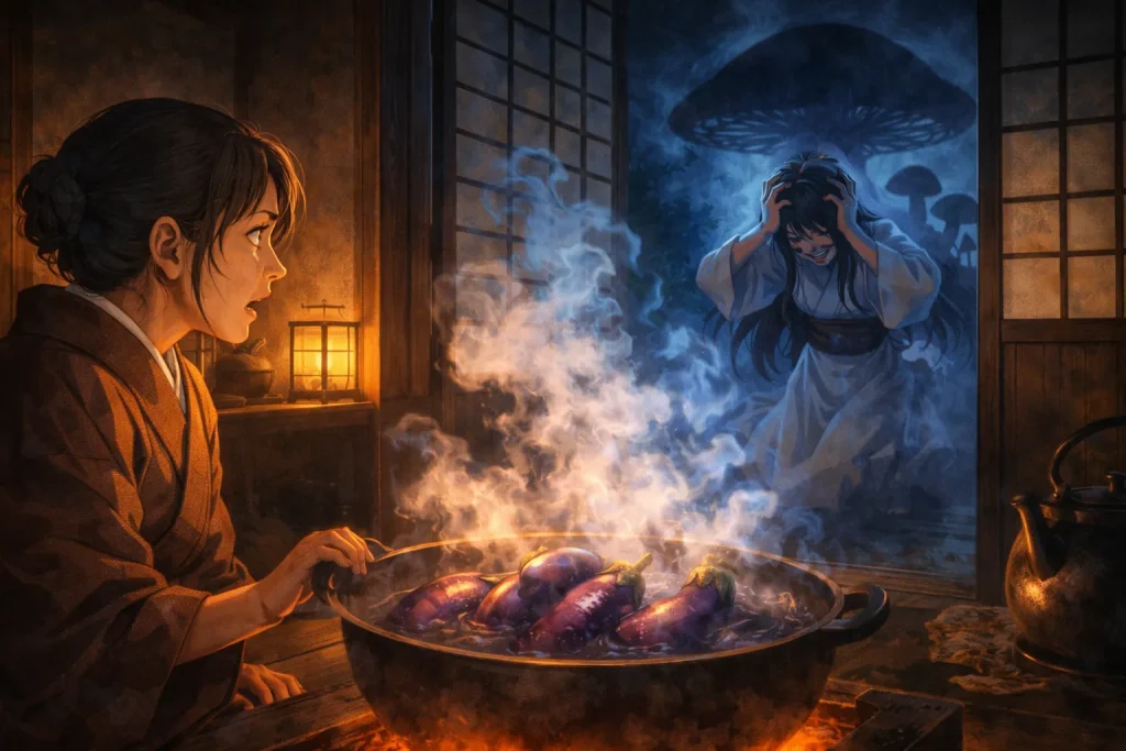 ChatGPT-Image-2026年1月11日-09_42_18-1024x683 茸の化け｜娘に化けて毎晩家に踊りにくる怪異…正体は山のキノコだった（秋田の昔話）