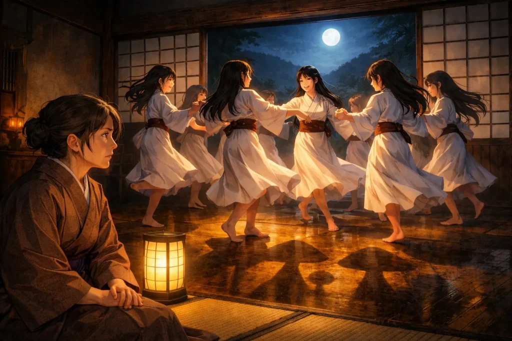 ChatGPT-Image-2026年1月11日-09_43_09-1024x683 茸の化け｜娘に化けて毎晩家に踊りにくる怪異…正体は山のキノコだった（秋田の昔話）