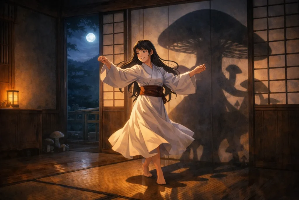 ChatGPT-Image-2026年1月11日-09_43_53-1024x683 茸の化け｜娘に化けて毎晩家に踊りにくる怪異…正体は山のキノコだった（秋田の昔話）