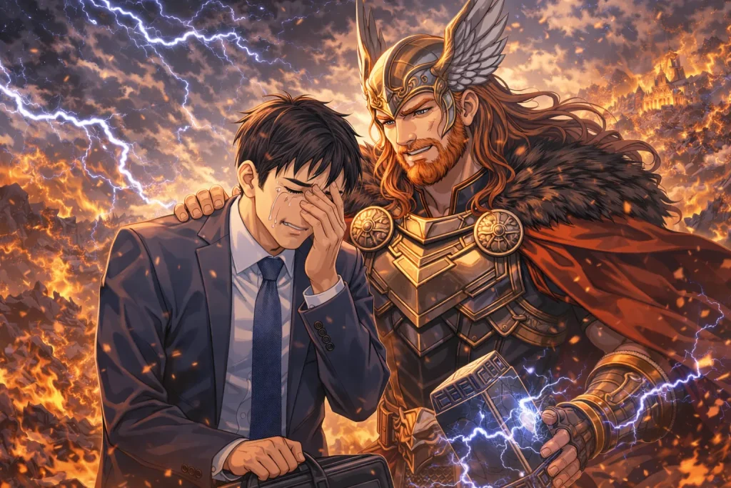 ChatGPT-Image-2026年1月5日-02_19_33-1024x683 会社行きたくない！神々ですら社畜だった｜北欧神話に学ぶ「働きすぎ社会」の末路